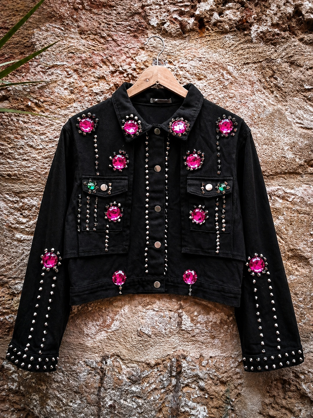 Chaqueta denim negra con pedrería fucsia